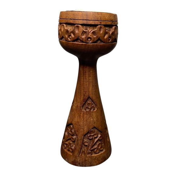 Hand-Carved Wooden Tea Light Candle Holder Floral Design Signed Made in India - Picture 6 of 9